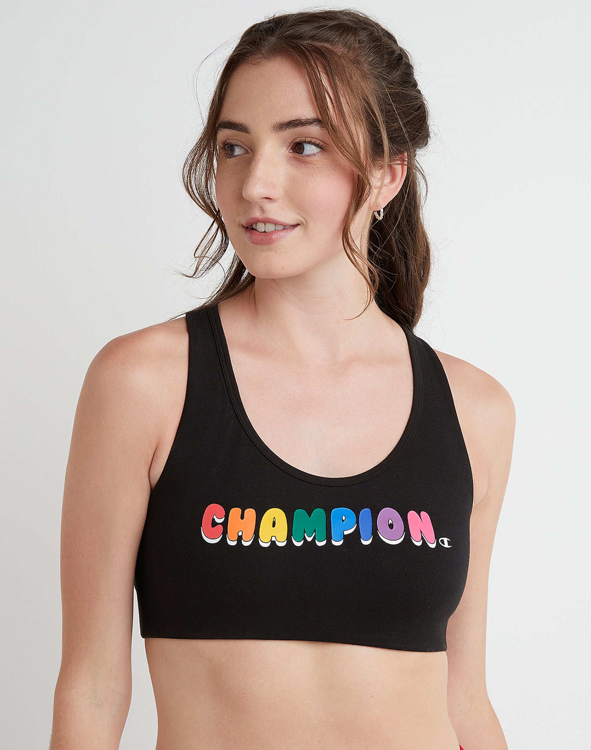 Women's Champion The Authentic Sports Bra, Rainbow Bubble Script